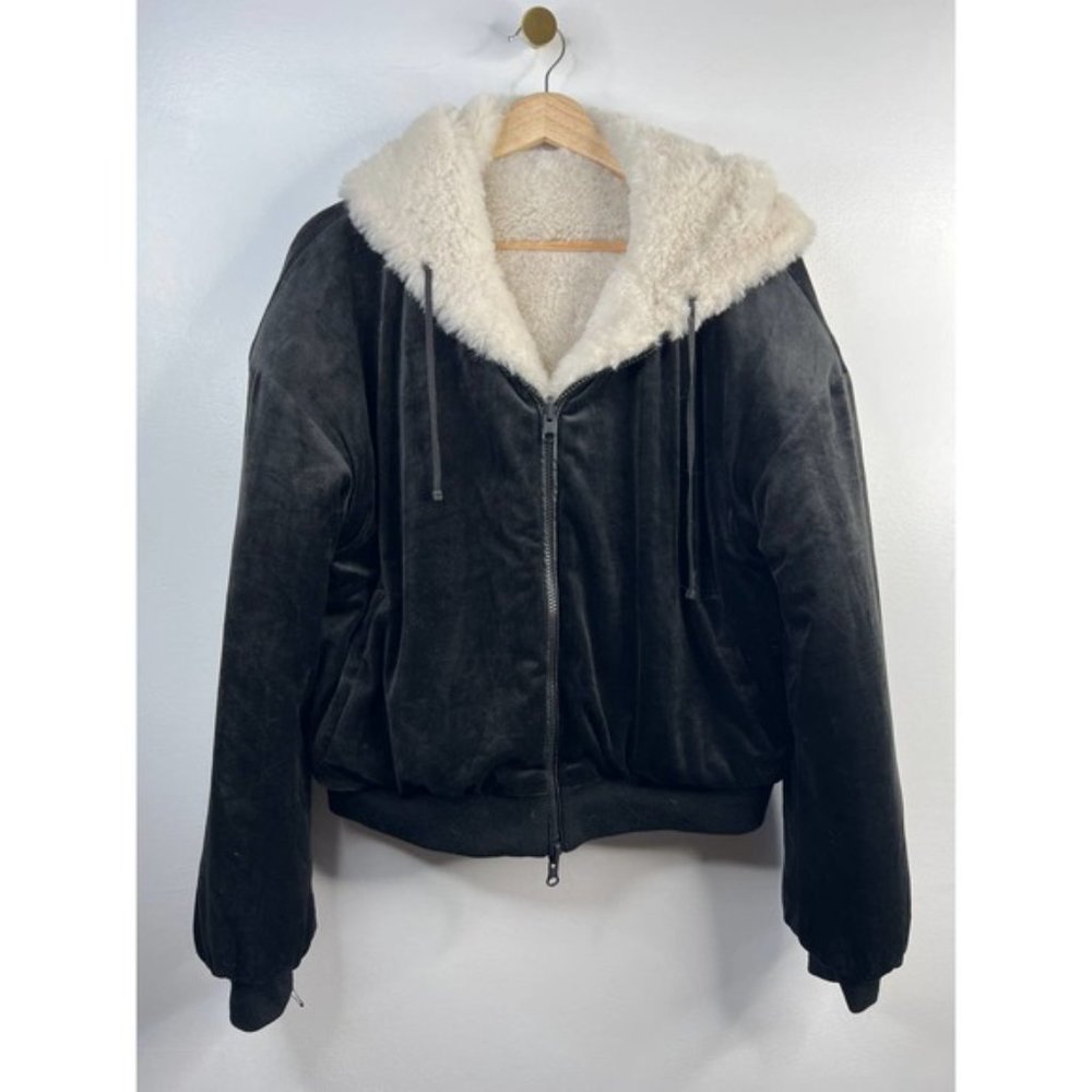 Blanc Noir Luxe Faux Shearling Fur Hoodie Reversible Jacket Black Large NWOT - Picture 2 of 8